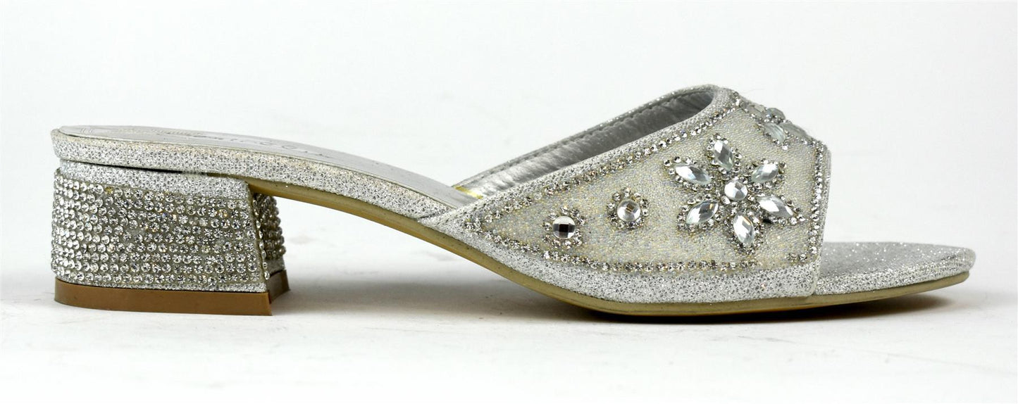 Flower Stone Diamante Block Heel Silver