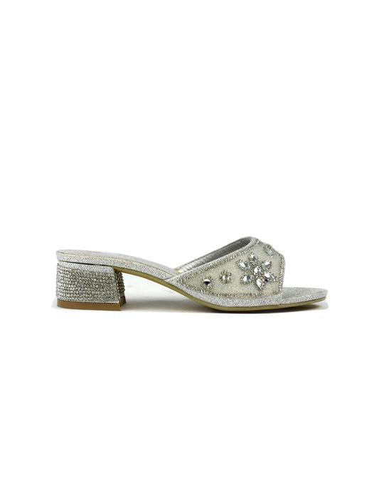 Flower Stone Diamante Block Heel Silver