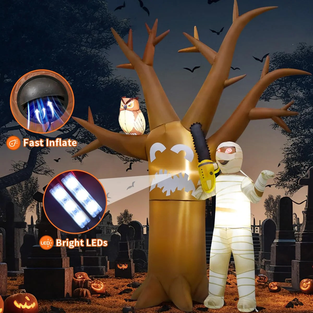 Halloween Inflatable 12 FT Halloween Tree with Mummy, Blow up Tree with LED Lights, for Halloween/Holiday