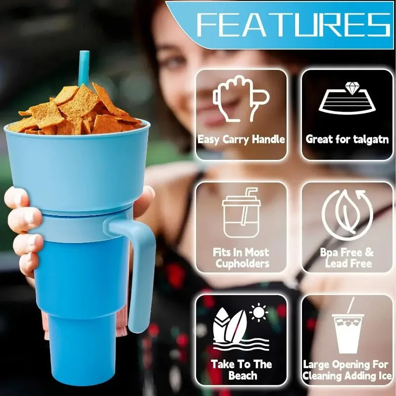  2 in 1 Snack Cup, Integrated Beverage Cup with Handle, Portable Cup