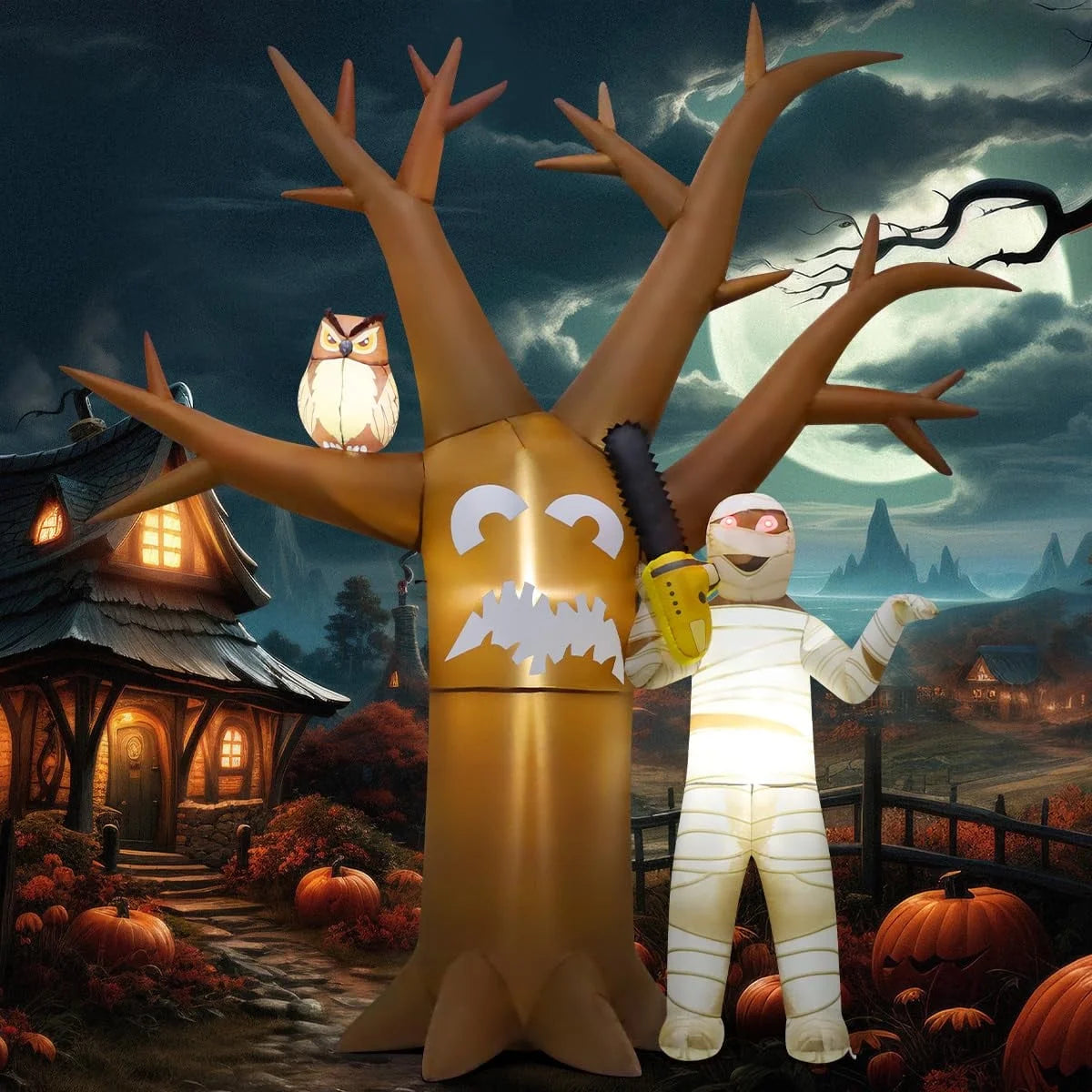 Halloween Inflatable 12 FT Halloween Tree with Mummy, Blow up Tree with LED Lights, for Halloween/Holiday