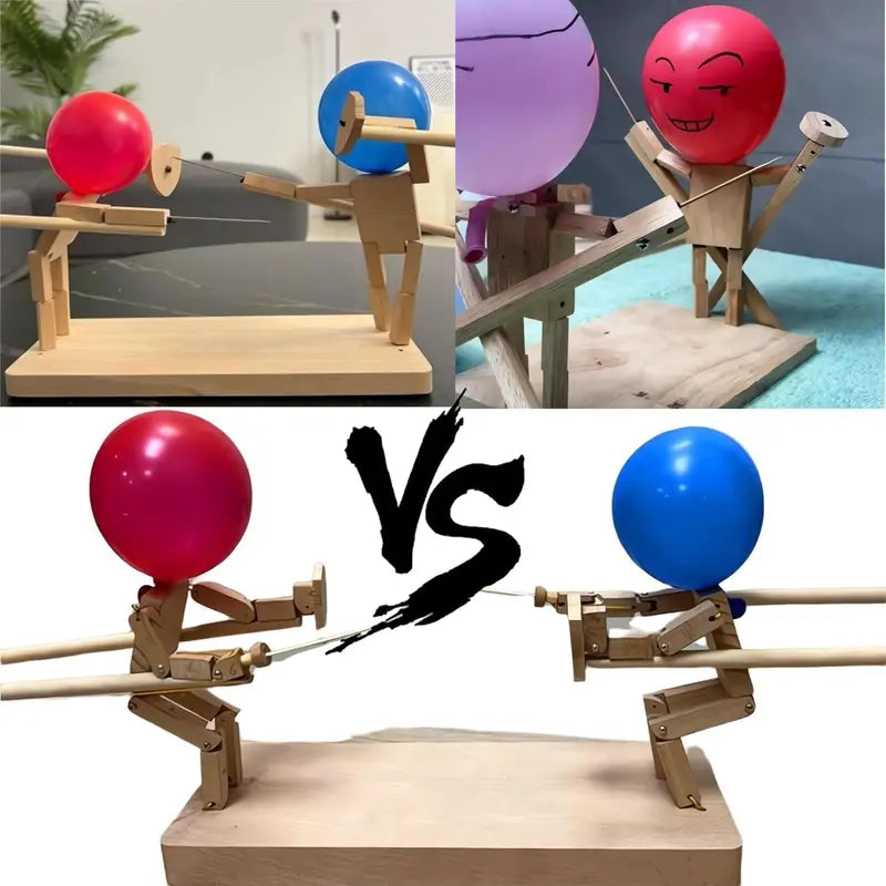 Handmade Wooden Fencing Game, Exciting 2-Player Wooden Robot & Balloon Battle Puppets