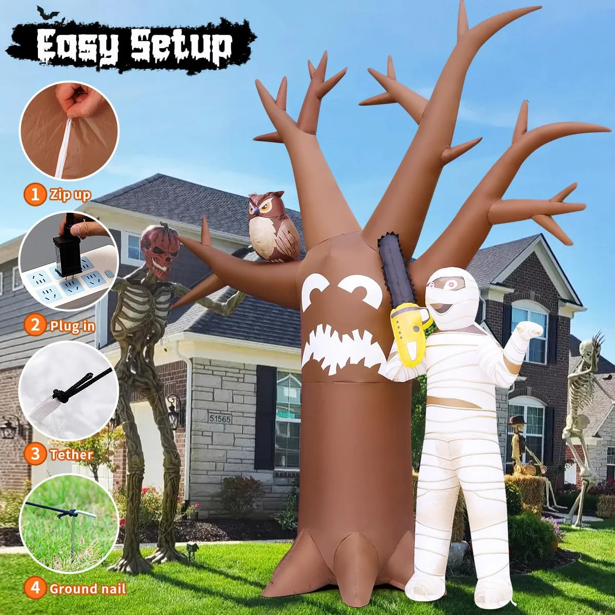 Halloween Inflatable 12 FT Halloween Tree with Mummy, Blow up Tree with LED Lights, for Halloween/Holiday