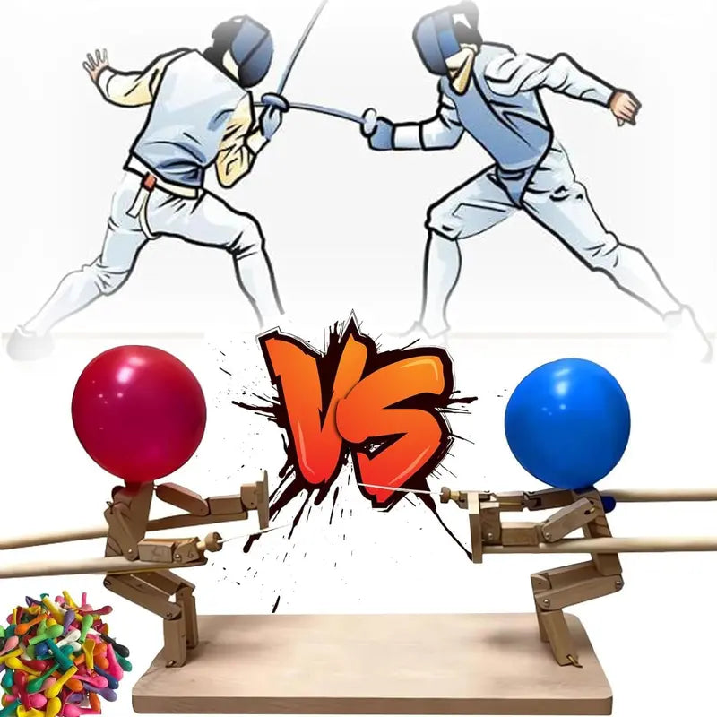 Handmade Wooden Fencing Game, Exciting 2-Player Wooden Robot & Balloon Battle Puppets