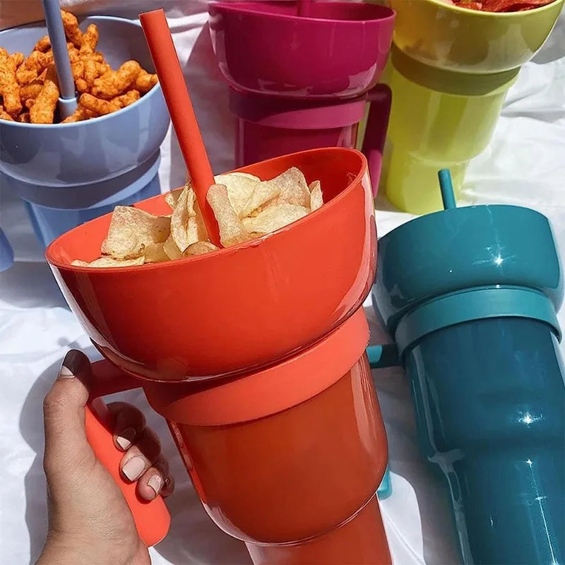  2 in 1 Snack Cup, Integrated Beverage Cup with Handle, Portable Cup