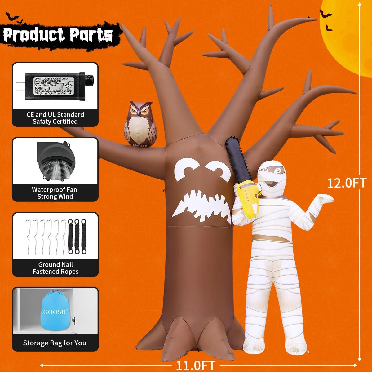 Halloween Inflatable 12 FT Halloween Tree with Mummy, Blow up Tree with LED Lights, for Halloween/Holiday